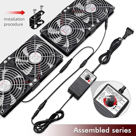 Wathai 4 x 120mm GPU Mining Rigs Server Racks Fan with 110V - 240V AC Plug | Dual Ball Fans Cooling with Variable Speed Control for Big Airflow for AV Cabinets, TVs Routers. Amplifier, Refrigerator cool