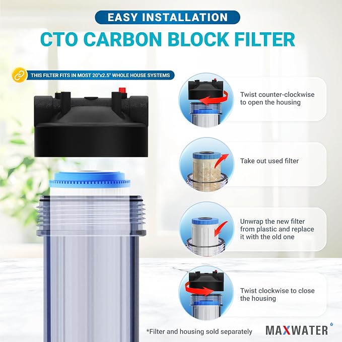 Max Water 20" x 2.5" CTO Carbon Block Water Filter, 5 Micron - Whole House Slim BB Replacement Cartridge Compatible With HX-CB-25-2010, C1-20, CB-25-2005, 155597-43 (4 Pack)