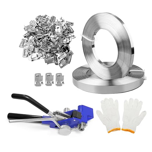 Stainless Pallet Strapping Kit，Metal Strapping Tool，Steel Trapping Tool Combines，The 304 Steel Strapping Banding Kit Includes 100 Metal Buckles & a Pair of Anti-Cut Gloves，Cable Ties 100 feet Long×2