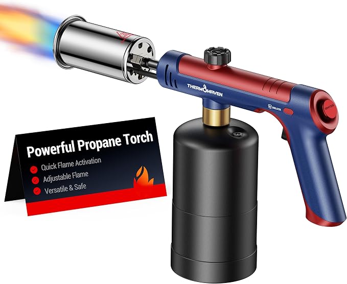 ThermoMaven Propane Torch with One-Touch Max Fire, Blow Torch Gun with Safety Lock, Charcoal Lighter Flame Thrower, Kitchen Food Torch Head for Grill, Sous Vide, BBQ, The Patriot(Tank Not Included)