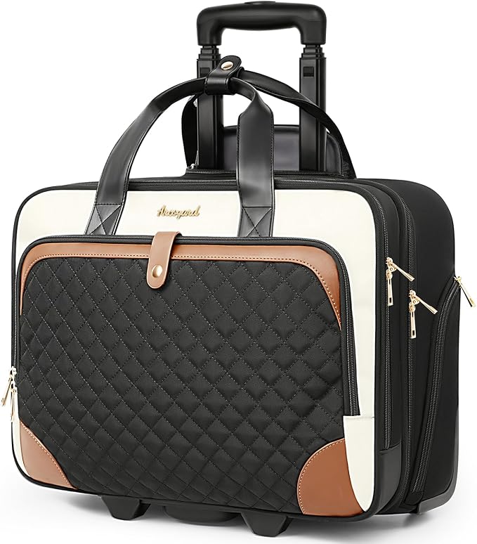 Arcoyard Rolling Laptop Bag, Rolling Briefcase for Women with Waterproof Pocket, 16 Inch Computer Bag, Underseat Carry On Luggage with Wheels for Work Travel Business, Lightweight Beige Brown
