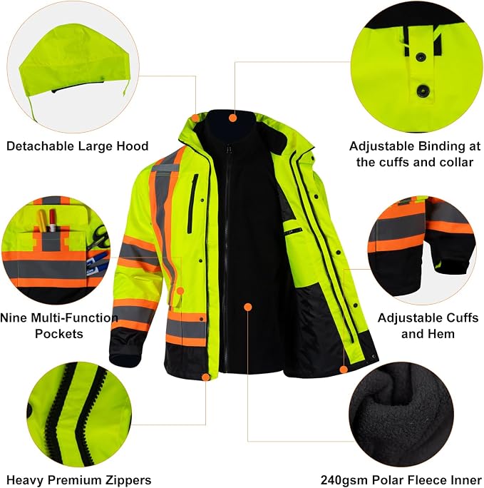FONIRRA High Visibility Safety Jackets for Men 3-in 1 Hi Vis Reflective Winter Jacket Waterproof ANSI Class 3