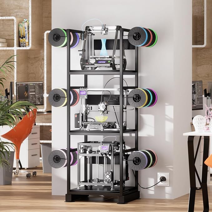 3DPrinter Stand with Filament Storage,3D Printer Rack with Power Outlet,Heavy-Duty 3D Print Storage Shelf for ABS/PLA/TPU Filament Spools,Perfect for 3D Printing Workshops,Carbon Fiber Black