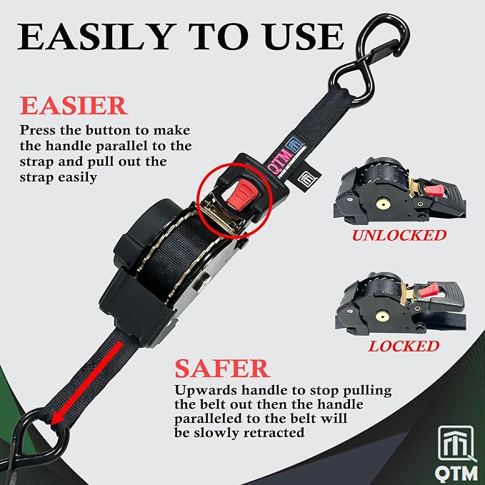 QTM 2-Pack Black Retractable Ratchet Straps Stainless Steel Spring, 1" x15' with Soft Loops, Heavy Duty, 2,000lbs Breaking Strength, with Storage Bag
