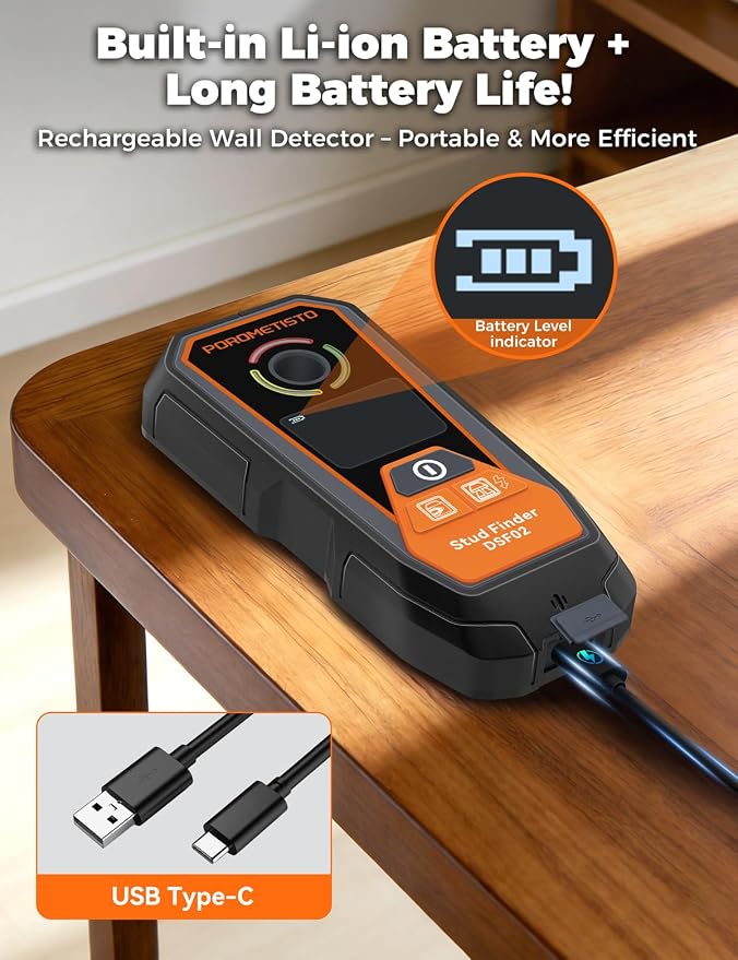 Rechargeable 6 in 1 Stud Finder Wall Scanner POROMETISTO, Positioning Hole for Pipe Wood Studs, Live Wire Detector for Electricians, Ferrous Metals Non-Ferrous Metals, Alarm Wall Detector