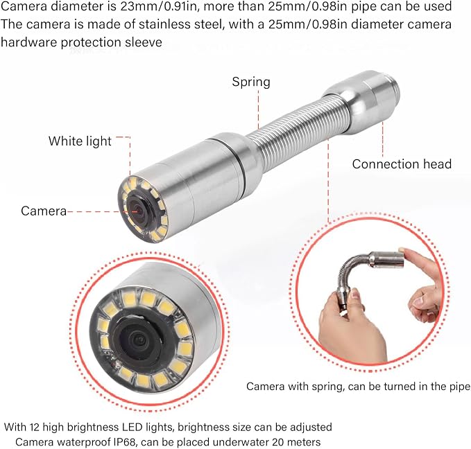 23mm Sewer Inspection Camera Head, Stainless Steel Professional IP68 Pipe Drain Endoscope Camera Accessory with 12 LED Lights