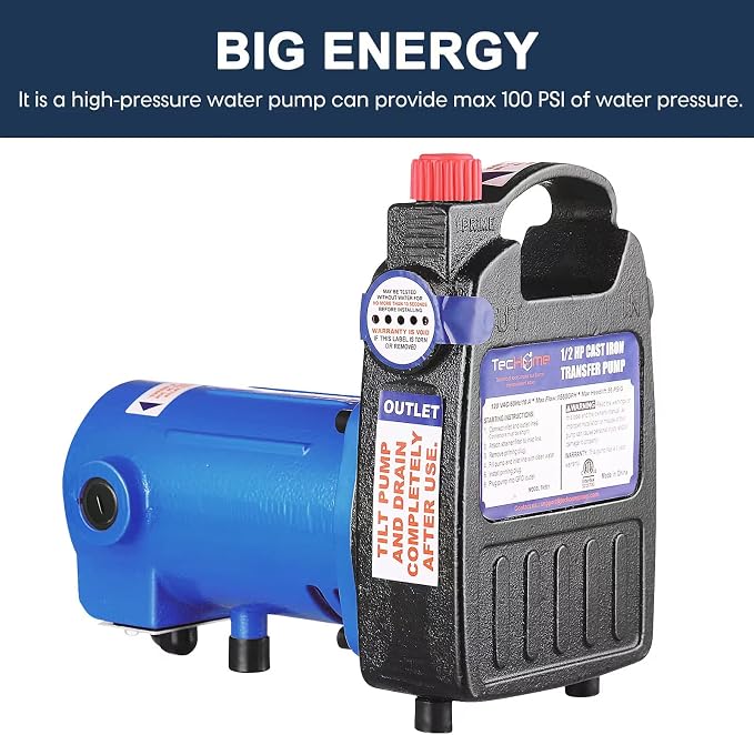 TecHome 1/2 HP Cast Iron Transfer Pump, 120V 1560GPH Water Pump, High Pressure Transfer Pump with Suction Strainer and Brass Connectors.