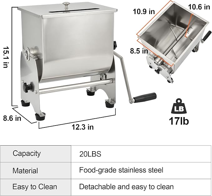 OKF Meat Mixer, 20lb Sausage Mixer, Stainless Steel Commercial Meat Mixer, Tilt Tank Manual Meat Mixer with Lid, Sausage Mixer Machine for Sausages, Burger Patties, Meatballs, Jerky &Homemade Pet Food