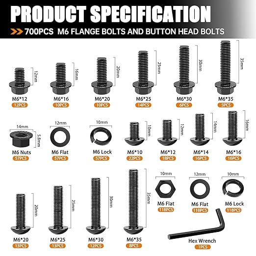 mankk 700PCS M6 Flange Bolt and M6 Button Head Hex Socket Cap Screws Assortment Kit M6×1.0 (10mm to 35mm) Metric Grade 10.9 Alloy Steel Class Hex Bolts and Nuts Washers Kit