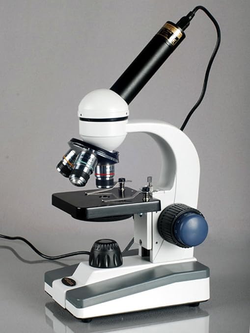 AmScope M150C-PB10-WM Compound Monocular Microscope, WF10x and WF25x Eyepieces, 40x-1000x Magnification, LED Illumination, Brightfield, Single-Lens Condenser, Coaxial Coarse and Fine Focus, Plain Stage, 110V, Includes 5 Blank Slides, 5 Prepared Slides,...