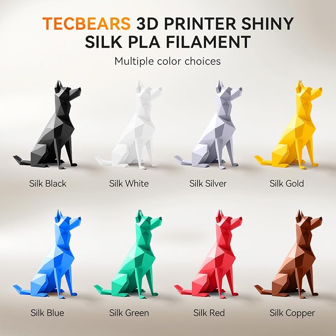 TECBEARS Silk Filament 1.75, Shiny Silk PLA Filament, 3D Printer Filament with Smooth Silky Surface, Pack of 4, Light Gold+Silver+Bronze+Brass