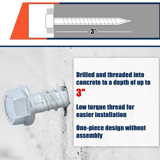 Tandefio 40 Pack 1/2" x 3" Galvanized Concrete Anchors and Screws Kit Large Diameter Concrete Heavy Duty Plated Hex Head Screw for Anchoring Masonry Brick Block Stucco Cement