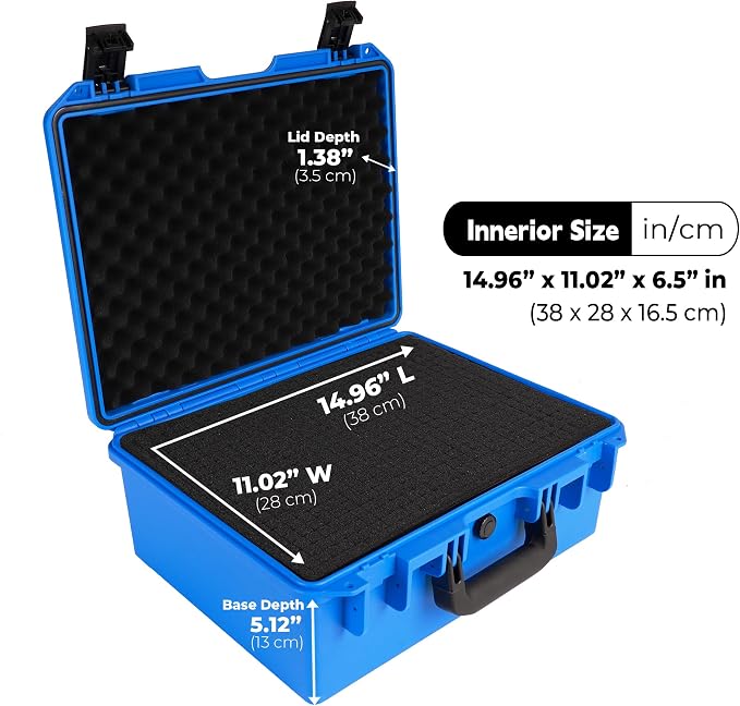 Waterproof Camera Hard Case, Shockproof & Dustproof with Custom Foam, Lockable Box for Drone, DSLR, Laptop, Tools 16.14"x13.19"x6.89" Blue