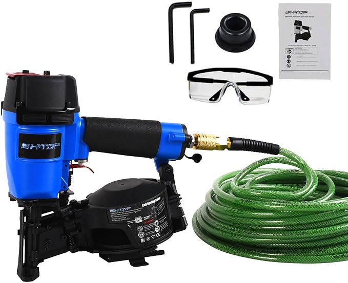 CN45N Roofing Nailer with 100Ft Air Hose, 15 Degree Roofing Nail Gun, 3/4-Inch to 1-3/4-Inch Coil Nails, 120-pcs Load Capacity Coil Nailer in Blue