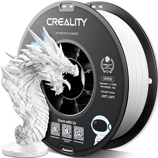 Official Creality PETG 3D Printer Filament 1.75mm 1KG (2.2lbs), High Precision, Strong Toughness, Odorless, Better Flow, Moistureproof 3D Printing CR PETG Filament, White
