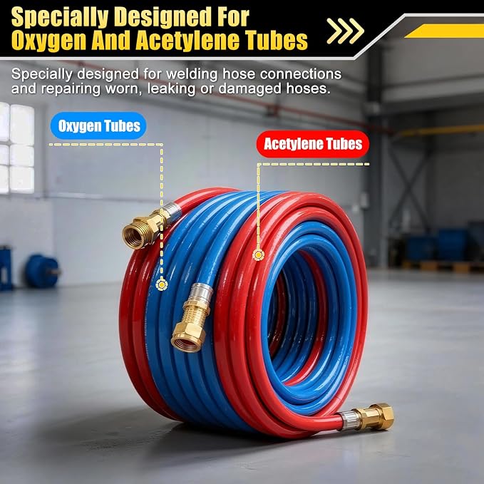 Welding Hose Repair Installation Kit, 49Pcs Brass Hose Repair Assembly Kit for 3/16 to 1/4in ID with B Size 9/16in Brass Nut Barbed Fittings Crimper Storage Box