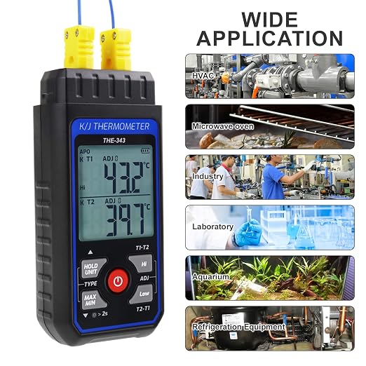 Thermocouple Thermometer Digital K Type Thermometer with 4 Thermocouples, -328~2500℉ Measuring Range HVAC Dual Channels Temperature Meter Gauge with LED Backlight & ADJ Compensation
