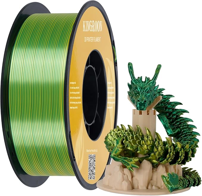 Kingroon PLA Filament, Multicolor Silk PLA Filament, Dual Color 3D Printer Filament, 1.75 mm, Dimensional Accuracy +/- 0.03 mm, 1kg Spool(2.2lbs), Yellow Green