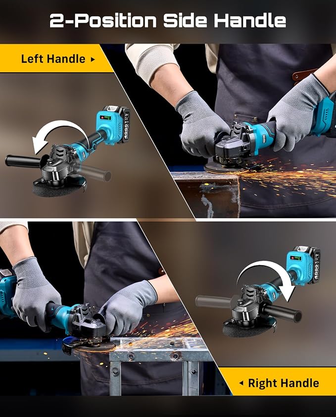 SEESII Angle Grinder Cordless 21V, 9500RPM Battery Grinder Tool, Brushless Motor, 2X 4.0Ah Batteries, Lightweight Design, 4-1/2 inch Power Electric Grinder Kit for Metal Cutting, Grinding