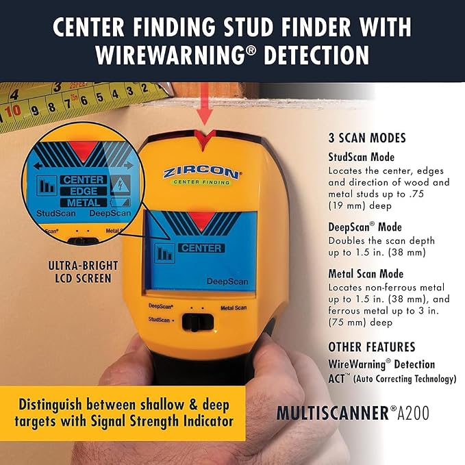 Zircon MultiScanner A200 with Bonus Mini Pocket Level – Electronic Wall Scanner Stud Finder & Metal Detector with Live AC Wire Detection, SpotLite Pointer, ACT Auto-Correcting Technology