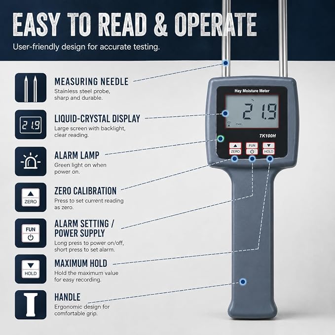 Pokiphip TK100H Portable Hay Moisture Meter - Precise Hay Moisture Tester with Probe for Monitoring and Ensuring Optimal Hay Quality, Preventing Mold and Spoilage