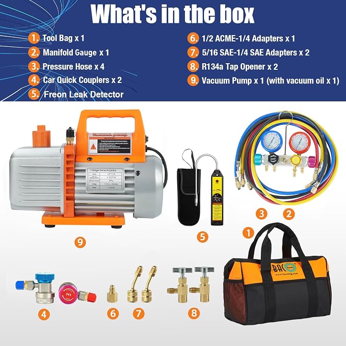 BACOENG 4.5CFM AC Vacuum Pump and Gauge Set, 4 Way HVAC Vacuum Pump Kit with Leak Detector for R134a R410a R22 Refrigerants AUTO/Mini Split Vacuum System, with R134a Quick Couplers, Can Tap & 4 Hoses
