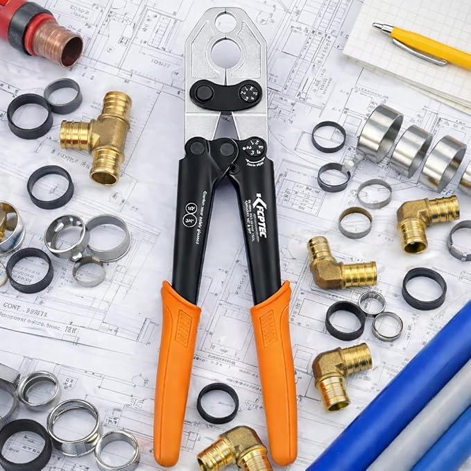 KF CPTEC PEX Crimping Tool Kit for ASTM F1807 Copper Crimp Ring Systems, 1/2 Inch & 3/4 Inch PEX Crimper with PEX Cutter and Go/No-Go Gauge, Plumbing Tool Set for PEX-B Pipe