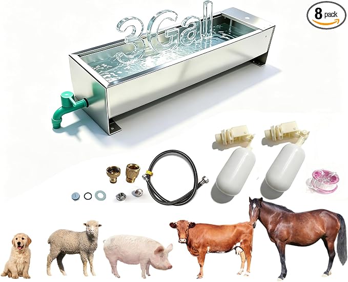 Automatic Livestock Water Trough 3 Gallons/12 Quart Livestock Animal Stainless Steel Automatic Waterer with Float Valve Kit for Goat Cattle Horse Hog Pigs Dog Outdoor, 22" L x8.6 W x 5.1" H