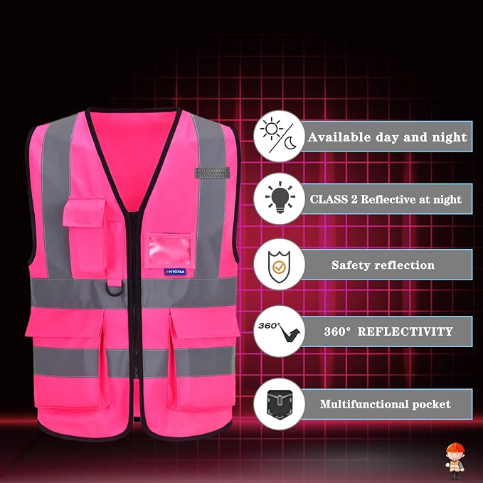 A-SAFETY Reflective Construction Vest, Reflective Strips, Zipper, Pink, XL | Pink XL work vest with clear ID pocket, radio mic loop and reflective strips for community activities; for men and women.