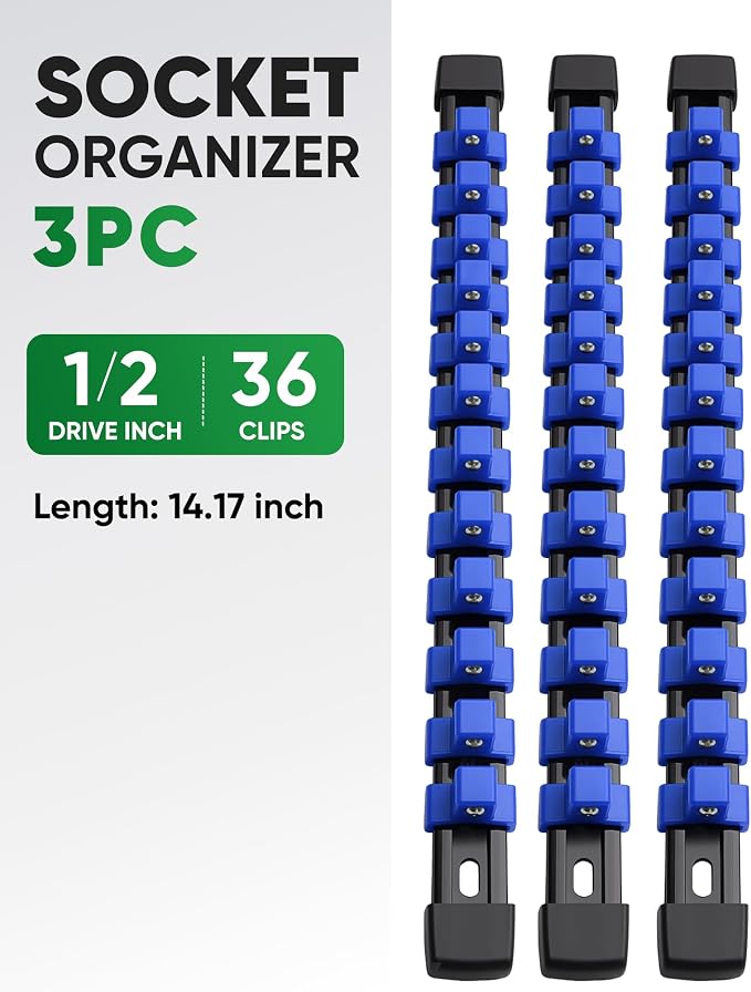 ALOANES 3PC ABS Socket Organizer, Socket Rails Fit 1/2 inch Drive | Portable Heavy Duty Socket Holders Hold up 36 Sockets for Toolbox Drawer Bags(Blue)