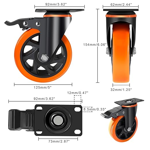 5 Inch Caster Wheels with Safety Brake 2400Lbs, Heavy Duty Casters Set of 4, Industrial Swivel Casters with Double Ball Bearings, Polyurethane No Noise Wheels for Cart,Furniture(Hardware Include)