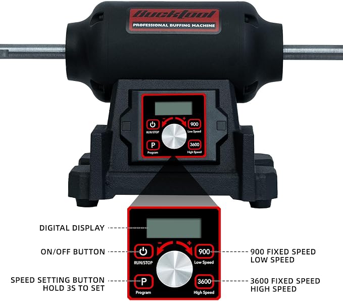 BUCKTOOL 1HP VFD Motor 8-Inch Variable Speed Bench Buffer Polisher, 900-3600 RPM One Button Speed Setting Powerful Benchtop Polisher, Extended Polishing Shaft for Jewelry, Metal Power Bench Grinders