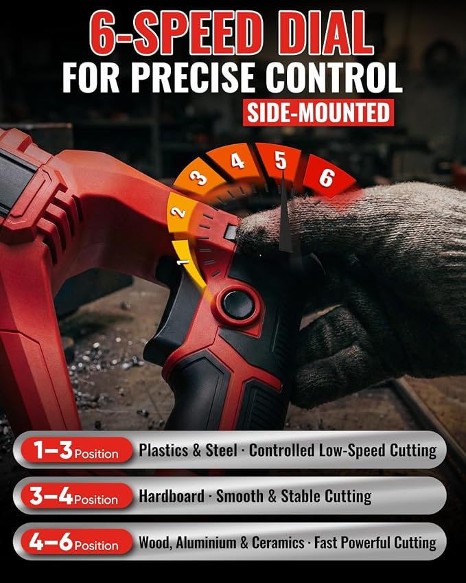 7 Amp Corded Reciprocating Saw for Wood, Metal, PVC & Tree Pruning, 1-1/8" Stroke Length & 2800 SPM, 6-Speed Dial, 180° Rotating Handle, Adjustable Pivoting Front Shoe, 6 Blades & Bag Included