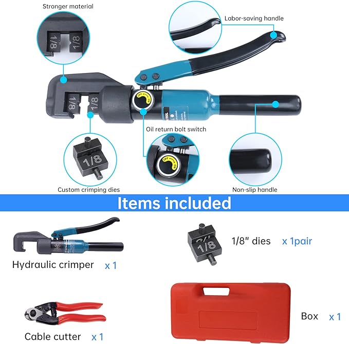 Muzata Custom Cable Railing Crimping Tool Hydraulic Crimper Hydraulic Crimping Tool for 1/8" Stainless Steel Cable Railing Kit Wire Rope Swaging Kit with Wire Cutter CR09 CK12