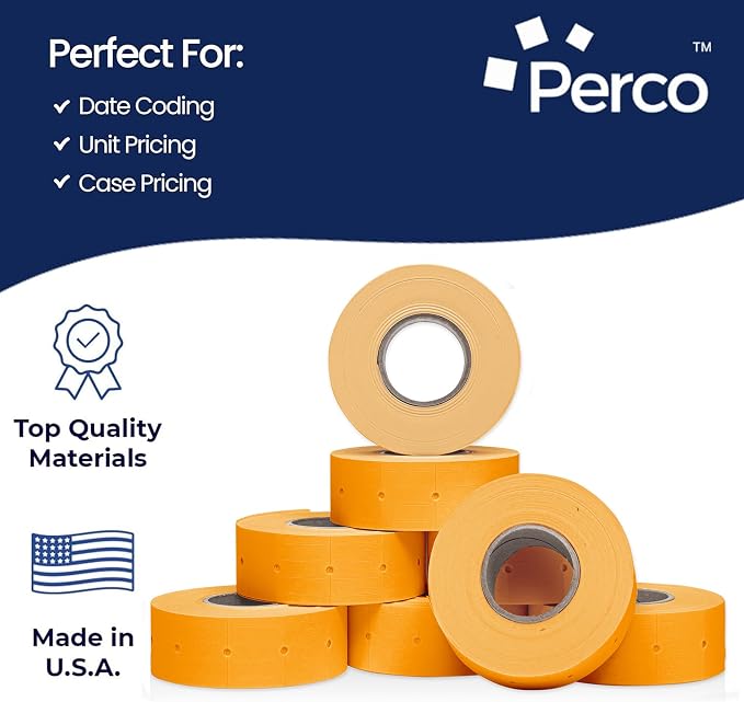 Perco 2 Line Fluorescent Orange Labels - 6,000 Blank Price and Date Gun Labels for Perco 2 Line Price and Date Guns - 8 Rolls, 1 Sleeve - Made in USA