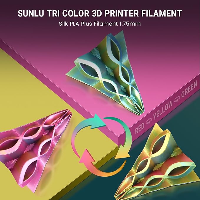 SUNLU Silk Triple Color Pla Filament, Silk PLA 3D Printer Filament 1.75mm, Shiny Silk Texture, Dimensional Accuracy +/- 0.02mm, 1KG Spool (2.2 lbs), PLA Silk Triple Color (Red Yellow Green)