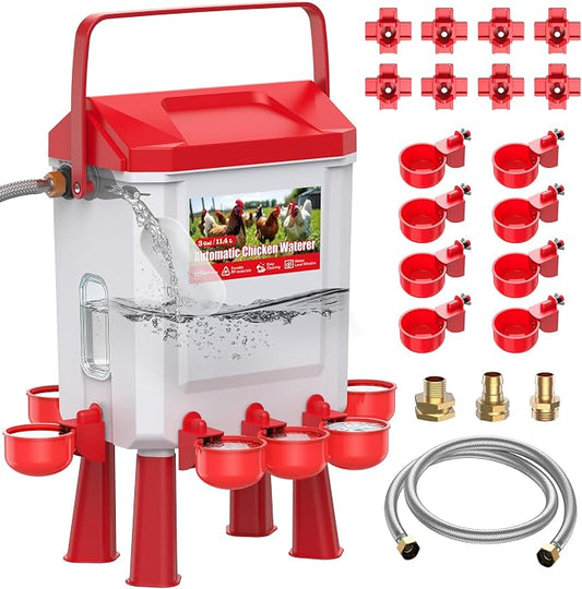 3 Gallons Automatic Chicken Waterer with 8 Chicken Water Cups, 8 Nipples, 6 Plugs, Float-Controlled Chicken Water Feeder with 60 Inch 3/4'' Water Hose, Poultry Waterer Perfect for Chicks, Duck, Goose