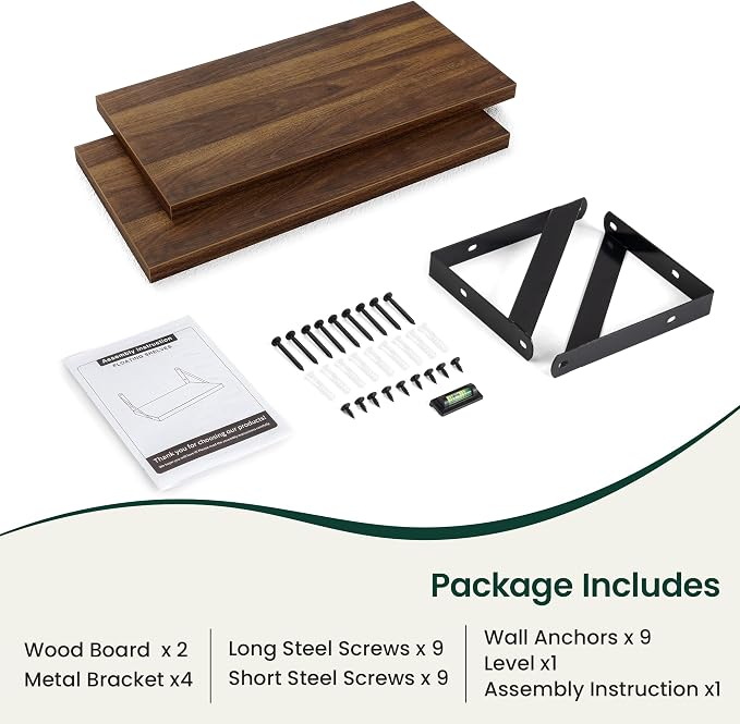 Floating Shelves 8 Inch Deep, 16W x 8D Wall Shelf Set of 2, 35 lbs Heavy Duty Reversible Metal Brackets, Industrial Book Shelf for Living Room Kitchen Bathroom Bedroom Gallery Wall, Walnut