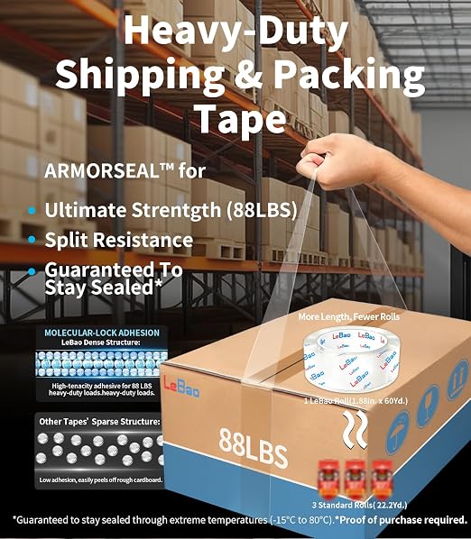 Heavy Duty Packing Tape with Dispenser, Strong HD Clear Packaging Tape, 18 Rolls 1.88 in. x 60 yd. x 2.7MiL, Secure Sealing for Cardboard Moving Boxes Shipping Supplies