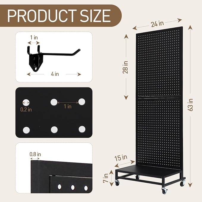 Eastern Tree Metal Pegboard Display Stand 2'x 5'with Base Plate, Pegboard Panels Display with Wheels, Peg Board Display Rack, Standing Pegboard Display with 30 Hooks - Black