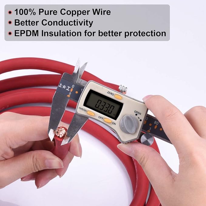 2 Gauge Battery Cable, 15FT Red + 15FT Black 2 AWG Pure Copper Wire Welding Cable, for Automotive, Battery, Solar and Generator, Standard USA OFC Wire