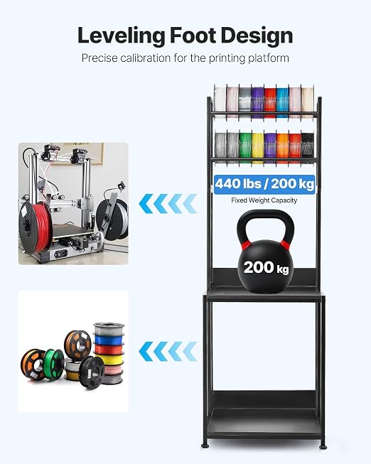 VEVOR 3D Printer Filament Storage Rack, 4-Tier 3D Printer Stand with Filament Storage, Spools Holder Racks Cart with Wheels, Filaments Organzied for 3D Printing Station, Office, Workshop (Shelf Only)