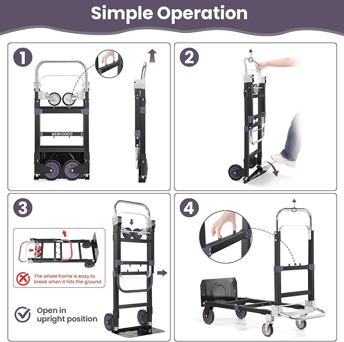 3-in-1 Folding Hand Trucks, 600Lbs Convertible Hand Truck Dolly, Heavy Duty Convertible Dolly with Retractable Handle and 4 Rubber Wheels, Collapsible Cart for Moving Office/Home/Warehous(Black)