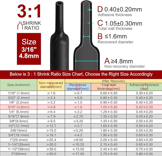 Chanzon 3:1 Ratio - 80ft Roll - Heat Shrink Tubing 3/16" (4.8mm) - Marine Grade Waterproof Adhesive Lined - (25M Total Length) Black Polyolefin Sleeving Wrap Shrinking 3 to 1 Ratio 1pcs