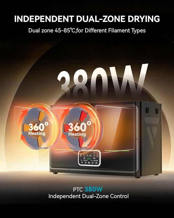 SUNLU 3D Printer Filament Dryer S4 Pro,Dual-Zone Temp Control,Black | up to 85°C,380W PTC Heater,Annealing,Auto Humidity Control,for ABS/PLA/PETG/Nylon