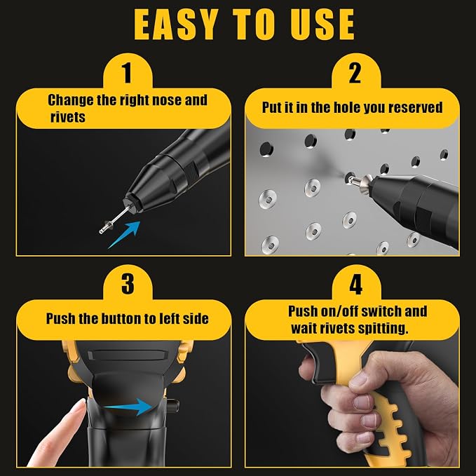 Cerycose Cordless Rivet Gun Compatible with DeWalt 20V Battery,Brushless Electric Rivet Nut Tool with 3 Sizes Steel Rivets(1/8",5/32",3/16") & Nose Pieces, Professional Riveters Gun 20V(Tool Only)
