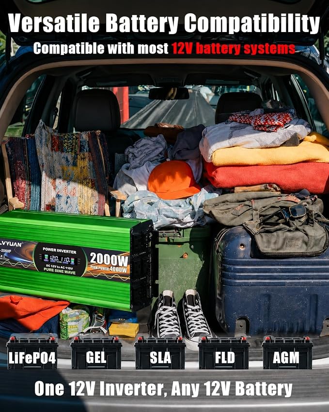 2000 Watt Pure Sine Wave Inverter, DC 12V to 120V AC Power Inverter for Vehicle, RV, Truck, Off-Grid, Car Power Inverter with 4 AC Outlet, 5V/3.1A USB, Surge 4000W