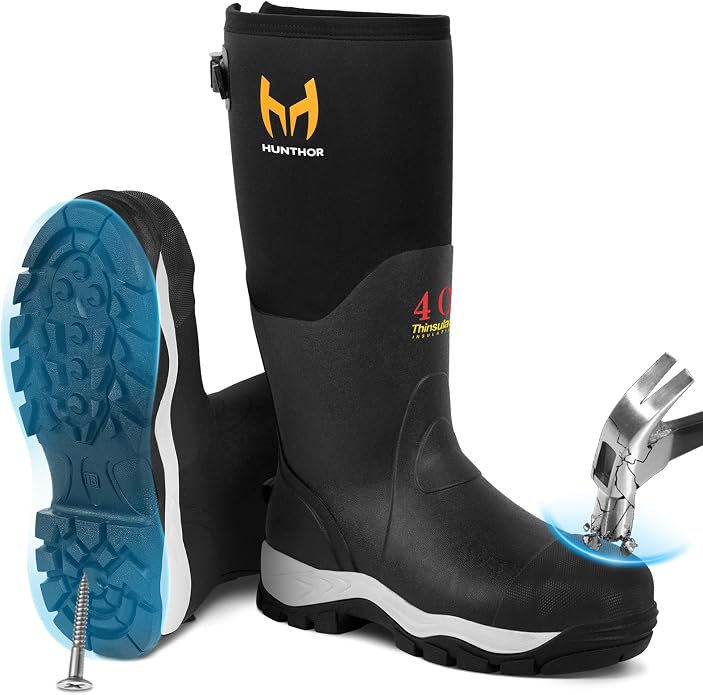 Rubber Work Boots for Men with Steel Toe, 400g Insulated, 1100N Puncture-Proof Hunting Boots with 7mm Neoprene Waterproof and EVA Midsole, Back Gusset, Ideal for Work,Farming Fishing Size 7-14