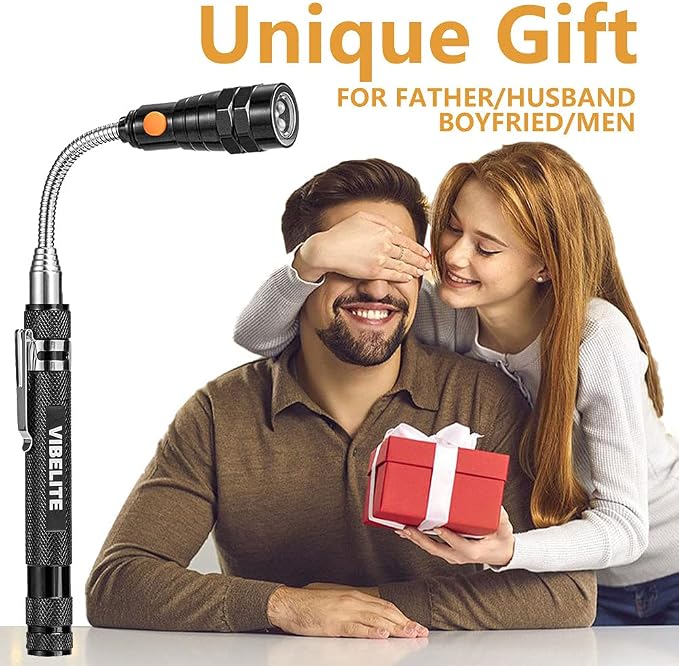 VIBELITE Gifts for Men, Magnetic Pickup Tool with LED, Telescoping Magnet Flashlight, Cool Gadgets Birthday Gifts for Him, Dad, Teen Boys, Husband, Handyman, Boyfriend, Mens Gifts, Black