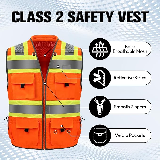 Surveyor Safety Vest with 8 Pockets, ANSI Class 2 High Visibility Vest for Men & Women